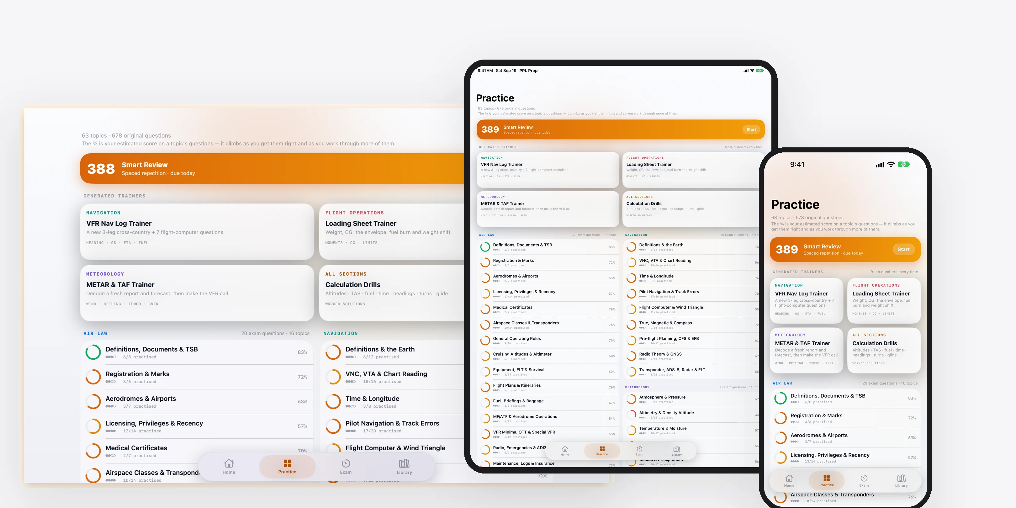 The PPL Prep trainer on an iPad, iPhone and Mac, showing the Practice screen with a Smart Review button and generated nav log, loading sheet and weather trainers