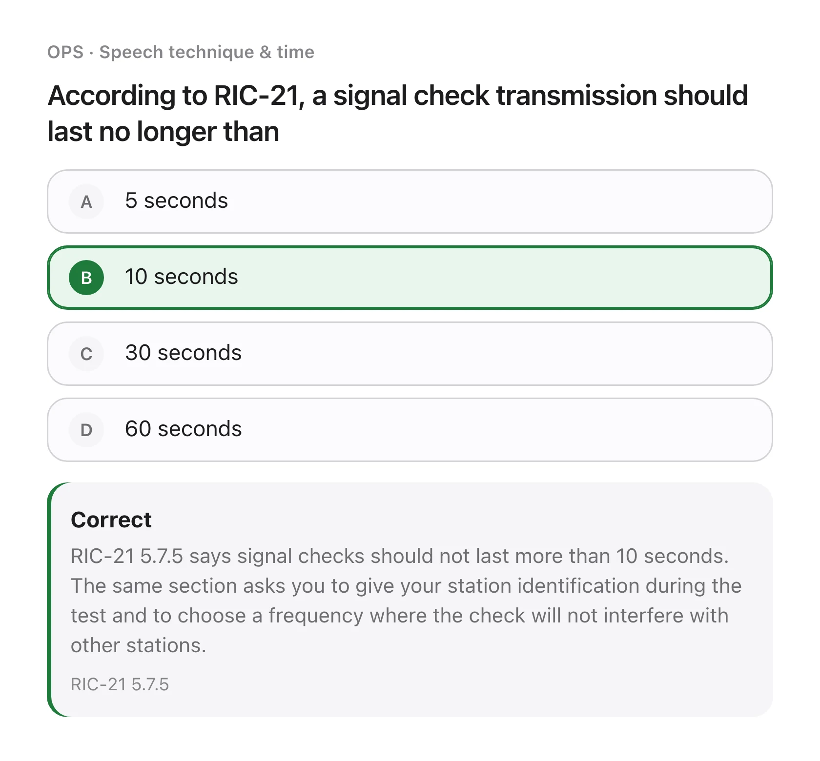 A ROC-A practice question about push-to-talk technique, with the correct answer highlighted and the explanation shown
